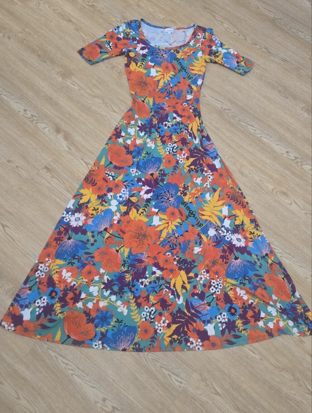 Floral Print Maxi Dress in Orange and Blue - Women's